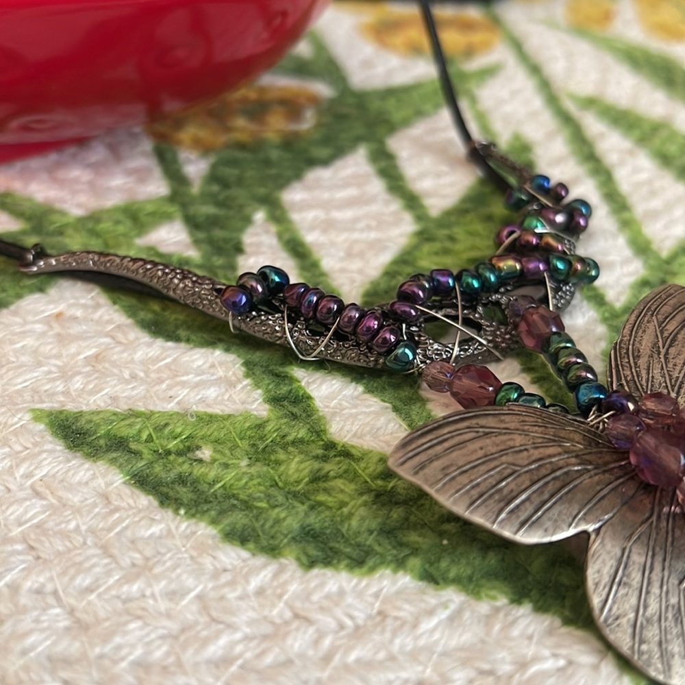 Handcrafted Oil Slick & Aurora Borealis Purple Accent Silver Butterfly Necklace - Picture 7 of 11